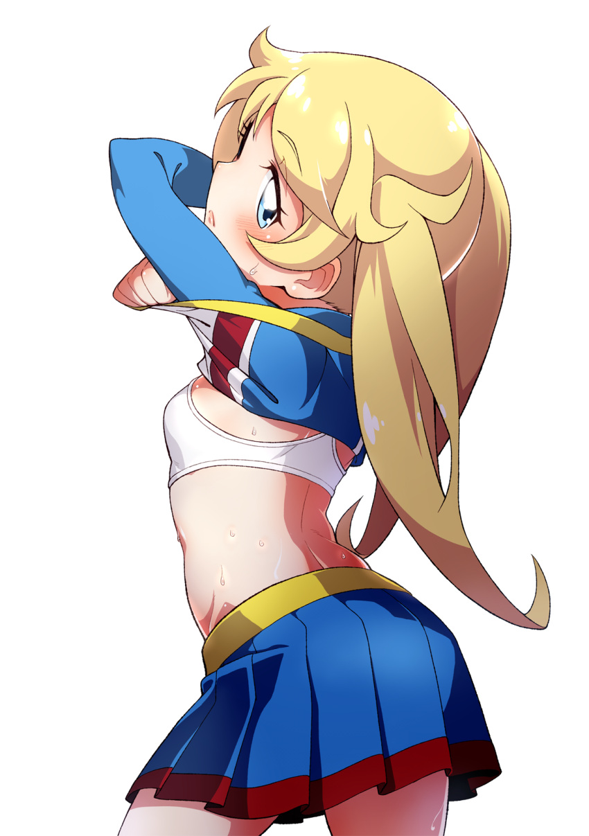 1girl arched_back back bangs blonde_hair blue_eyes blue_shirt blue_skirt blush bra breasts cheerleader cowboy_shot crossed_arms eyebrows_visible_through_hair eyelashes hayashi_keita highres kiratto_pri_chan long_sleeves looking_back moegi_emo shirt shirt_lift simple_background skirt small_breasts solo sports_bra sweat twintails underwear undressing white_background white_bra
