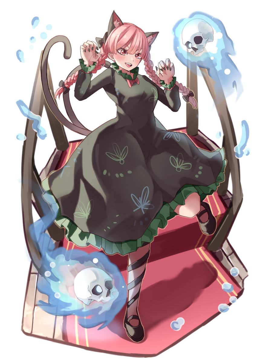 1girl absurdres animal_ears black_bow black_footwear black_nails black_ribbon bow braid cat_ears cat_girl cat_tail commentary_request dress extra_ears full_body green_dress hair_bow highres hitodama kaenbyou_rin leg_ribbon long_hair long_sleeves maboroshi_mochi multiple_tails nekomata open_mouth red_eyes redhead ribbon side_braids skull solo standing standing_on_one_leg tail touhou twin_braids two_tails