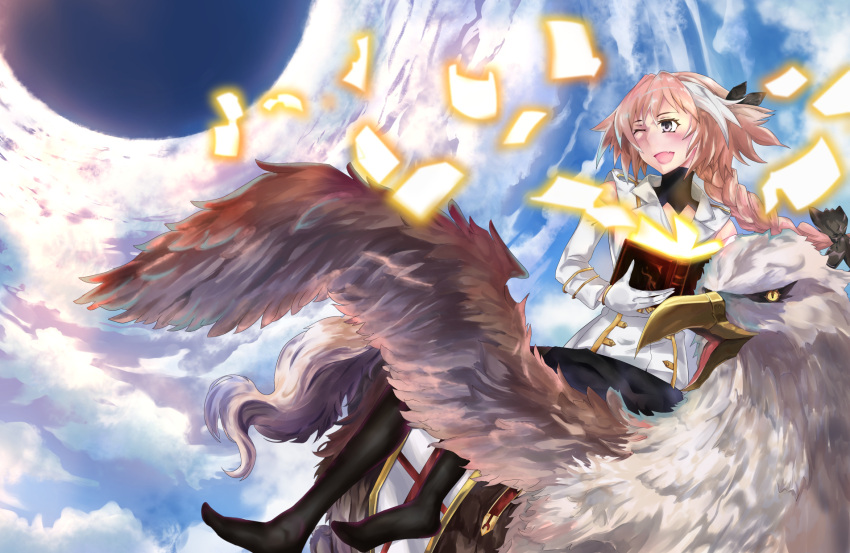 1boy ;d alternate_costume astolfo_(fate) bangs bare_shoulders black_bow black_legwear blue_sky blush book bow braid clouds cloudy_sky commentary_request day detached_sleeves fang fantasy fate/apocrypha fate_(series) flying gloves glowing gold_trim hair_bow hair_intakes highres hippogriff holding holding_book long_hair long_sleeves looking_away looking_to_the_side male_focus multicolored_hair no_shoes one_eye_closed open_book open_mouth pages pink_hair riding saddle shirt single_braid sky smile streaked_hair sunlight trap turtleneck two-tone_hair violet_eyes white_gloves white_hair white_shirt zetsuki_(theendoftheworid)