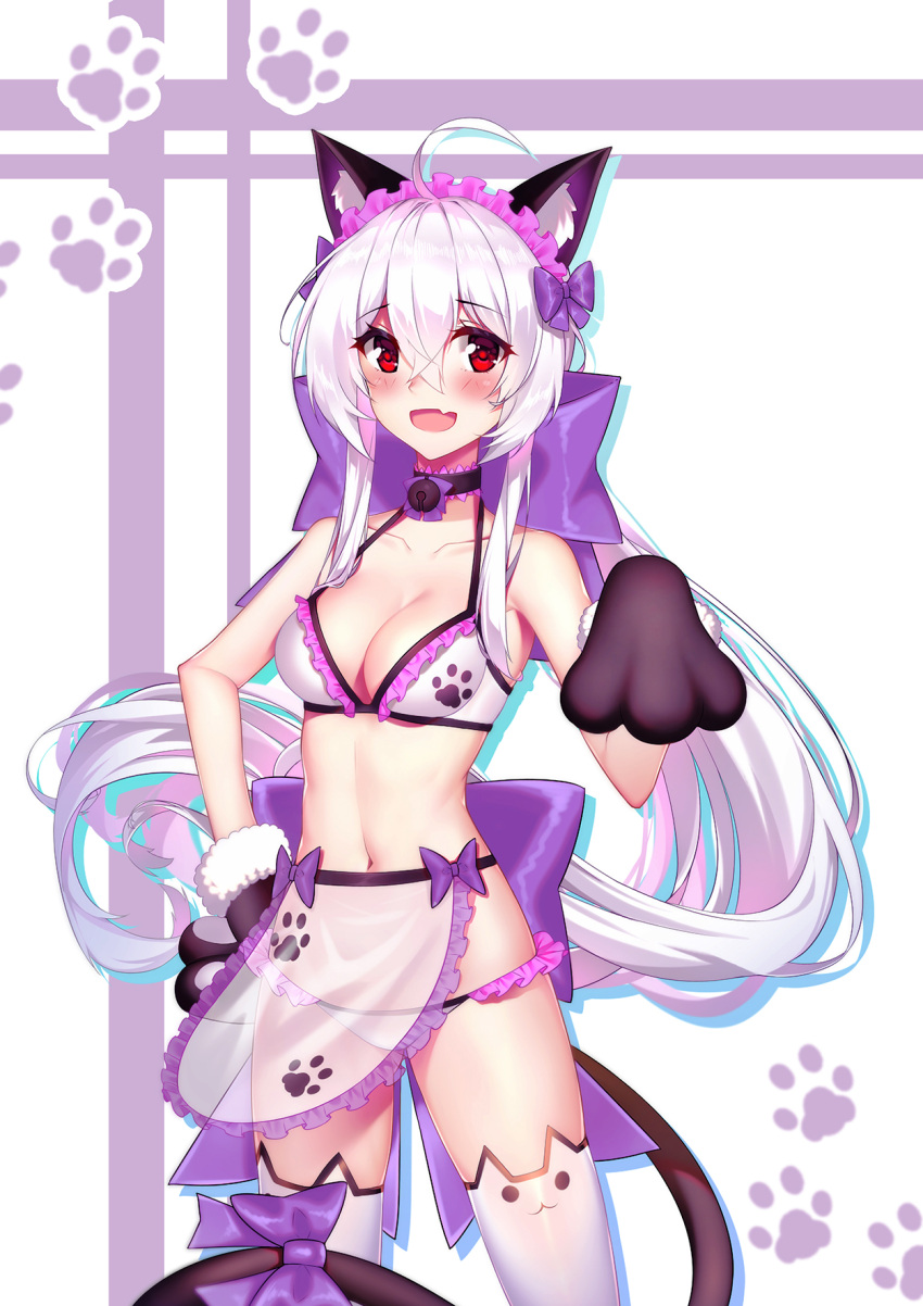 1girl ahoge animal_ears blush bow breasts canine cat_ears cat_paws cat_tail choker cleavage fang hair_bow highres long_hair looking_at_viewer medium_breasts navel open_mouth paws ponytail red_eyes silver_hair smile solo swimsuit tail thigh-highs very_long_hair vocaloid wu_yao_jun yowane_haku