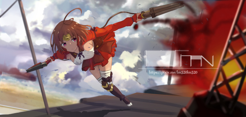 1girl absurdres antenna_hair bandage bandaged_leg bent_over breasts brown_hair commentary_request dual_wielding explosion gun handgun highres japanese_clothes kimono knee_pads kneehighs koutetsujou_no_kabaneri lm520lm520 mumei_(kabaneri) outstretched_arms pink_eyes running short_hair short_kimono solo tabi watermark weapon web_address