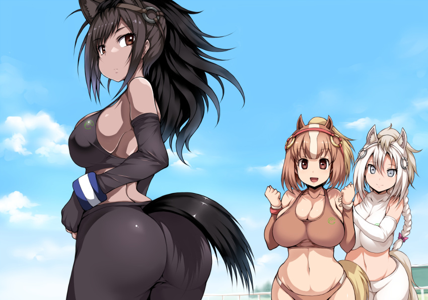3girls :d animal_ears ass bare_shoulders black_hair black_pants blonde_hair blue_sky blush bow braid breasts brown_eyes brown_hair brown_thoroughbred_(kemono_friends) buruma character_request chestnut_thoroughbred_(kemono_friends) cleavage closed_mouth clouds collarbone cropped_legs day detached_sleeves elbow_gloves fingerless_gloves gloves hair_bow hand_on_another's_shoulder horse_ears horse_tail kemono_friends large_breasts leaning_forward long_hair long_sleeves looking_at_viewer multicolored_hair multiple_girls navel o-ring open_mouth outdoors pants pink_bow short_hair sideboob single_braid skindentation sky smile sports_bra stomach strap_gap streaked_hair sweatband tail tight tight_pants tsukasawa_takamatsu twisted_torso white_hair white_thoroughbred_(kemono_friends)