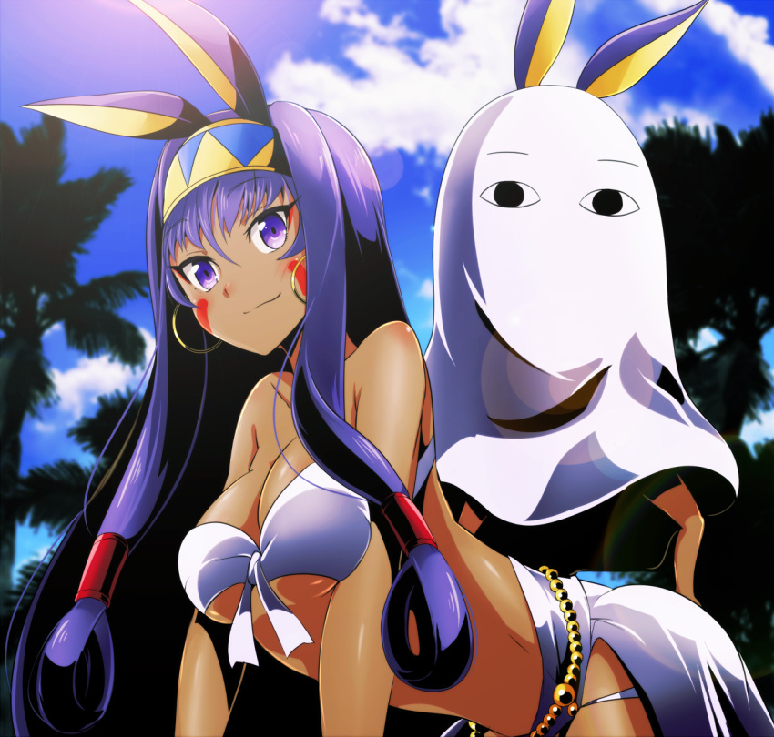 1girl animal_ears bangs bare_shoulders bikini blue_sky breasts cleavage closed_mouth clouds collarbone dark_skin day earrings eyebrows eyebrows_visible_through_hair eyeliner facial_mark fate/grand_order fate_(series) front-tie_bikini front-tie_top hair_between_eyes hair_rings hair_tubes hairband highres hoop_earrings jackal_ears jewelry lens_flare long_hair looking_at_viewer makeup medium_breasts medjed nitocris_(fate/grand_order) nitocris_(swimsuit_assassin)_(fate) outdoors palm_tree purple_hair sky smile swimsuit tom_(drpow) tree under_boob very_long_hair violet_eyes white_bikini