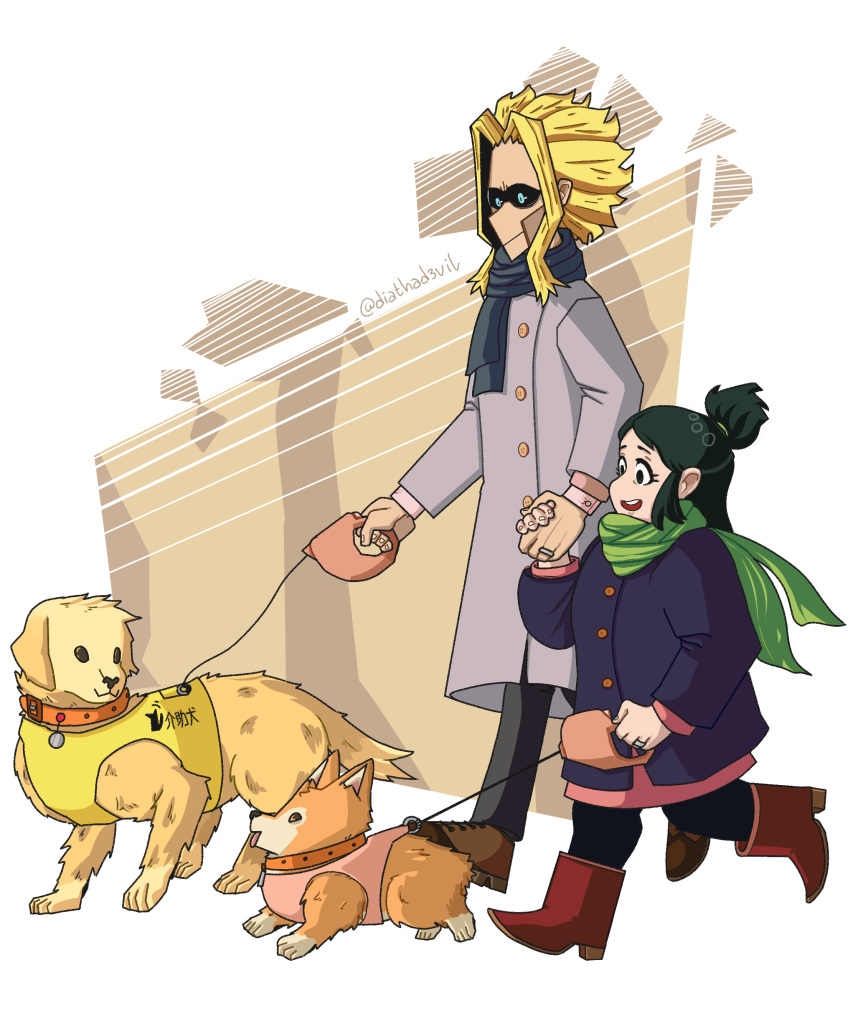 1boy 1girl absurdres black_pants black_sclera blonde_hair blue_eyes blue_scarf boku_no_hero_academia boots brown_eyes brown_footwear coat collar commentary diathadevil dog dog_collar dog_walking golden_retriever green_eyes green_hair green_scarf grin hand_holding highres jacket jewelry midoriya_inko open_mouth pants pink_vest purple_jacket red_footwear ring scarf shoes simple_background smile tongue tongue_out twitter_username two_side_up vest walking welsh_corgi yagi_toshinori yellow_vest