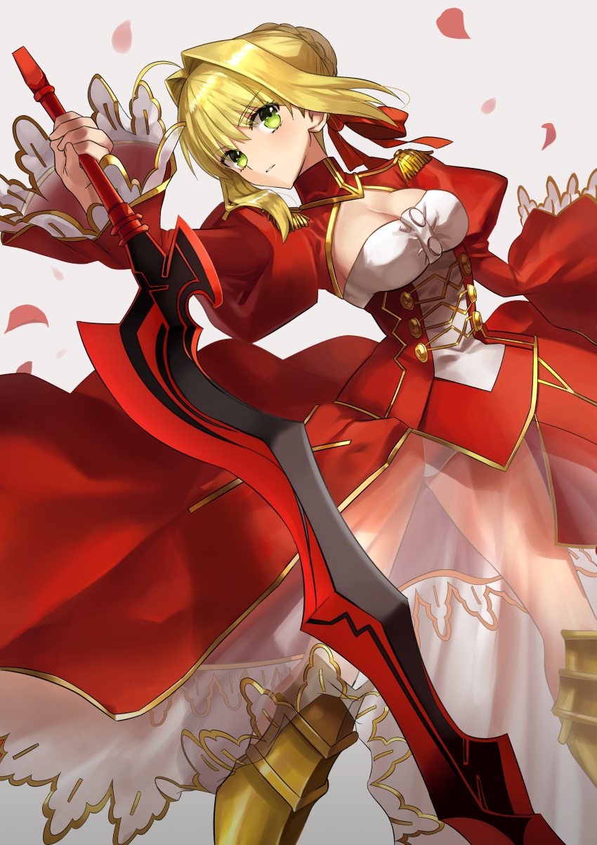 1girl absurdres aestus_estus ahoge armored_boots ashiwara_yuu bangs blonde_hair blush boots braid breasts cleavage commentary_request dress epaulettes eyebrows_visible_through_hair fate/extra fate_(series) grey_background hair_between_eyes hair_bun hair_intakes head_tilt highres holding holding_sword holding_weapon juliet_sleeves knee_boots long_hair long_sleeves looking_at_viewer medium_breasts nero_claudius_(fate) nero_claudius_(fate)_(all) parted_lips petals puffy_sleeves red_dress saber_extra see-through sidelocks simple_background solo sword weapon wide_sleeves
