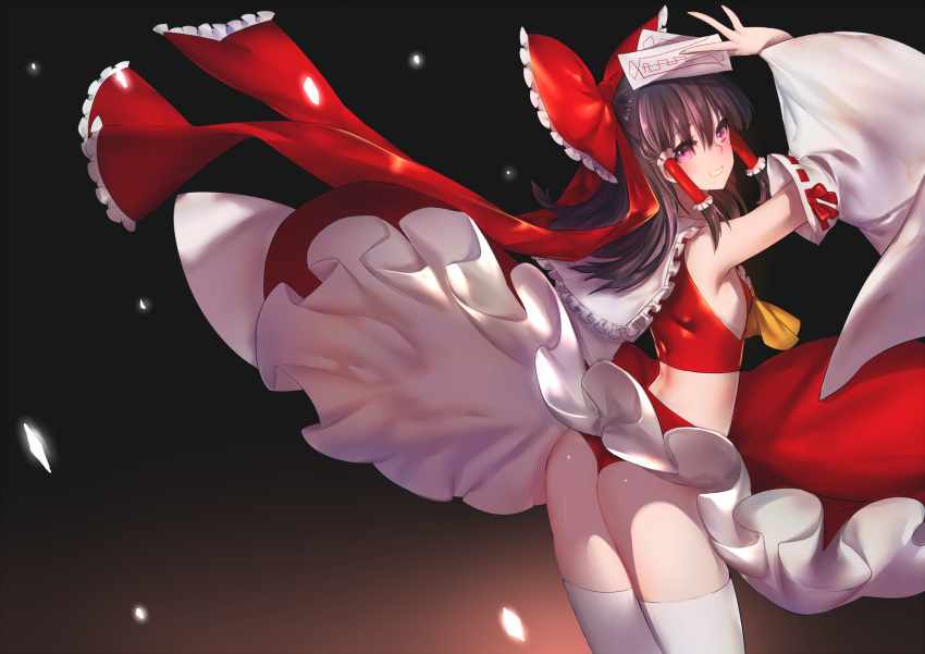 1girl ass bow breasts brown_hair cowboy_shot crop_top detached_sleeves floating_hair from_behind grin hair_between_eyes hair_bow hakurei_reimu highres long_hair long_skirt looking_at_viewer panties rahato red_bow red_panties red_skirt ribbon-trimmed_sleeves ribbon_trim skirt small_breasts smile solo standing thigh-highs touhou underwear violet_eyes white_legwear