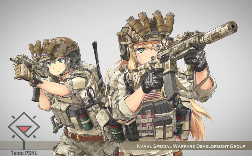 2girls armor bag blonde_hair camouflage commentary_request explosive graphite_(medium) green_eyes grenade grey_background gun highres long_hair magazine_(weapon) military military_uniform multiple_girls night_vision_device original short_hair soldier st_kinetics_cpw tantu_(tc1995) traditional_media uniform usa_flag weapon