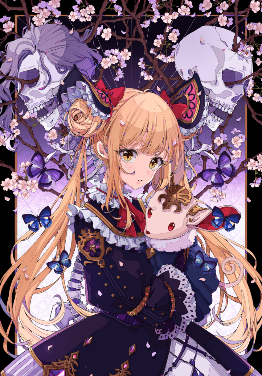 1girl animal bangs black_dress blonde_hair blush bow brown_eyes bug butterfly commentary_request double_bun dress eyebrows_visible_through_hair flower hair_bow head_tilt highres insect long_hair long_sleeves looking_at_viewer luna_(shadowverse) object_hug osanai parted_lips pink_flower red_neckwear shadowverse side_bun sidelocks skull solo stuffed_animal stuffed_toy tree_branch twintails very_long_hair