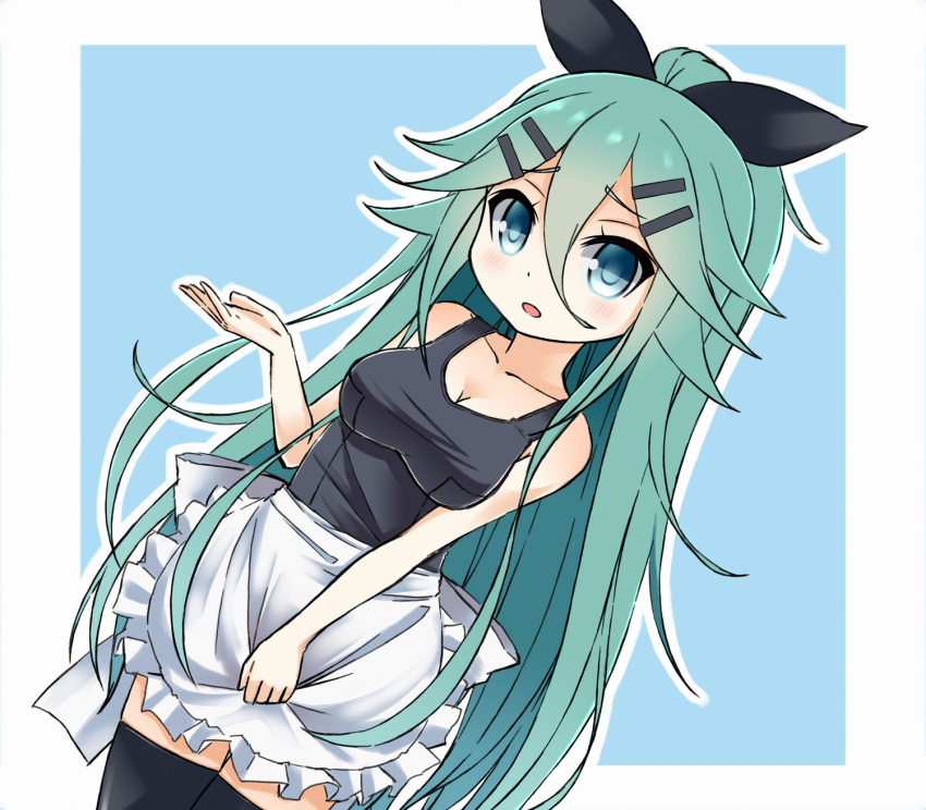 1girl :d alternate_costume apron black_legwear blue_eyes breasts cleavage commentary_request green_hair hair_between_eyes hair_ornament hair_ribbon hairclip highres kantai_collection long_hair looking_at_viewer open_mouth ribbon school_swimsuit smile soba_(sobaya1938) solo swimsuit thigh-highs yamakaze_(kantai_collection) zettai_ryouiki
