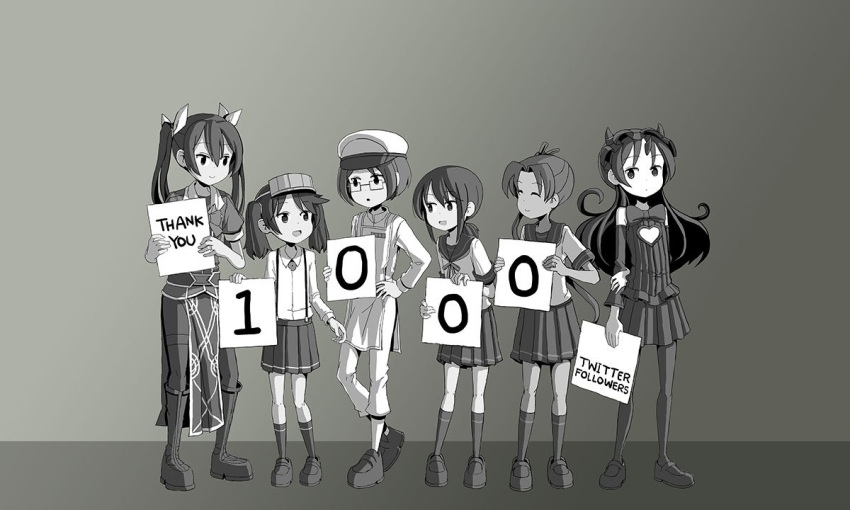 :o adrian_ferrer androgynous ayanami_(kantai_collection) boots cleavage_cutout closed_eyes commentary detached_sleeves dress english_commentary female_admiral_(kantai_collection) flat_chest fubuki_(kantai_collection) glasses greyscale hair_ribbon hair_tie hand_on_hip hat heart_cutout holding holding_sign horns isolated_island_hime kantai_collection low_ponytail magatama military_hat monochrome open_mouth pantyhose pelvic_curtain pleated_skirt ribbon ryuujou_(kantai_collection) school_uniform serafuku shinkaisei-kan side_ponytail sign skirt smile suspenders tanaka_setsuko tone_(kantai_collection) twintails visor_cap