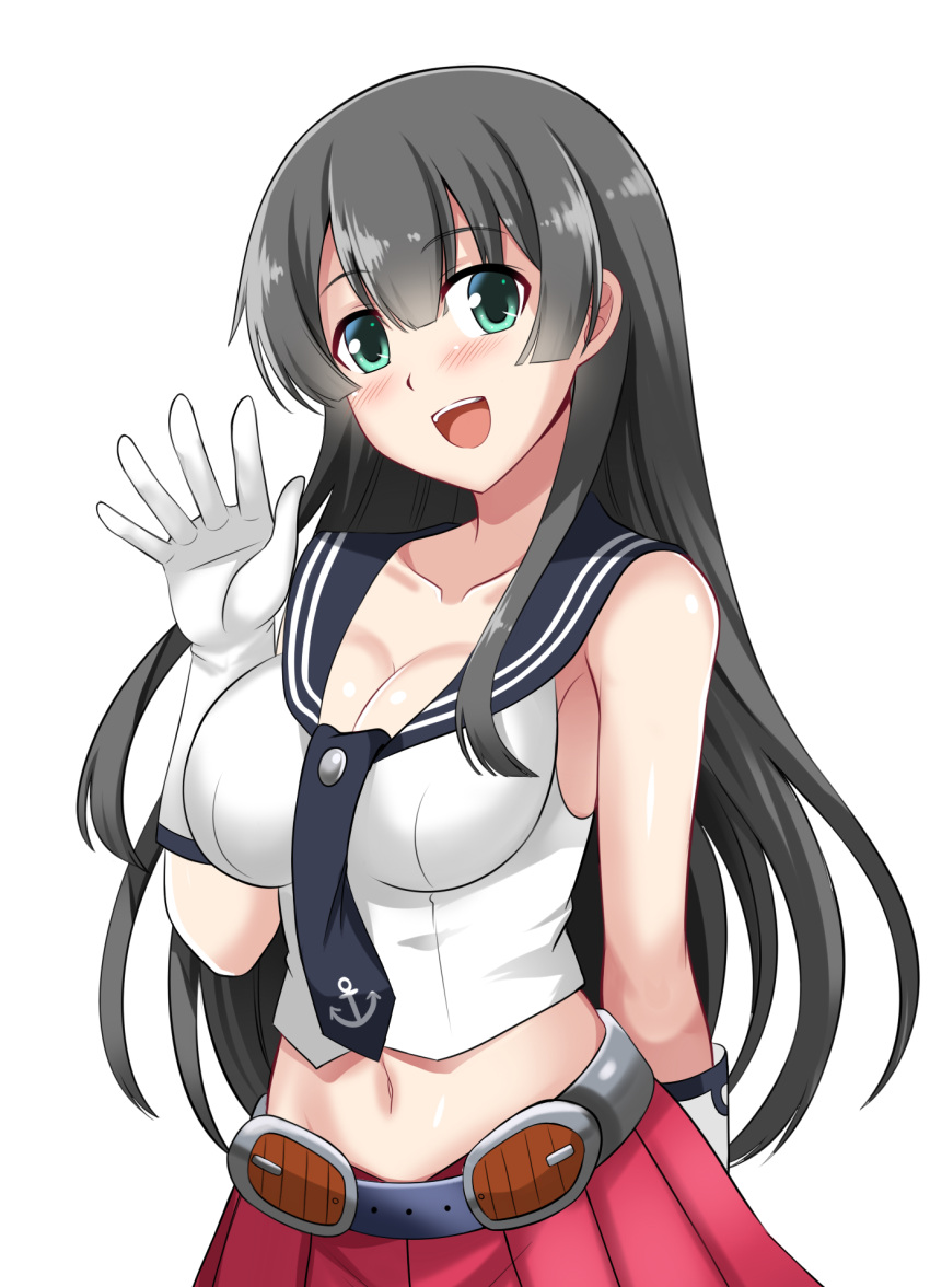 1girl :d agano_(kantai_collection) aqua_eyes bangs black_hair breasts cleavage collarbone gloves highres kantai_collection long_hair looking_at_viewer navel open_mouth pleated_skirt school_uniform serafuku simple_background skirt smile solo the-sinner waving white_background white_gloves