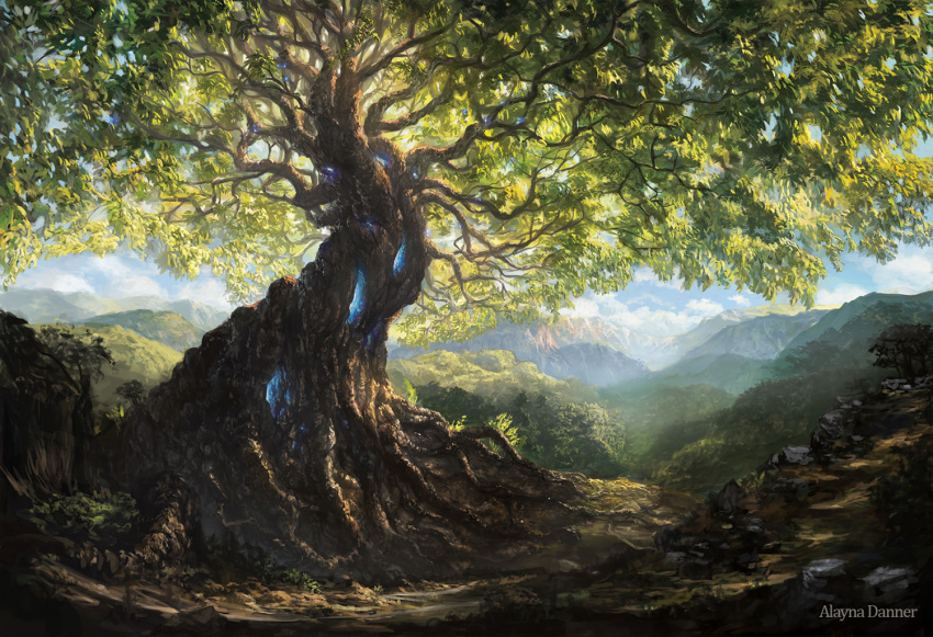 alayna_danner artist_name blue_sky clouds commentary day english_commentary fantasy giant_tree no_humans original outdoors roots scenery sky tree valley