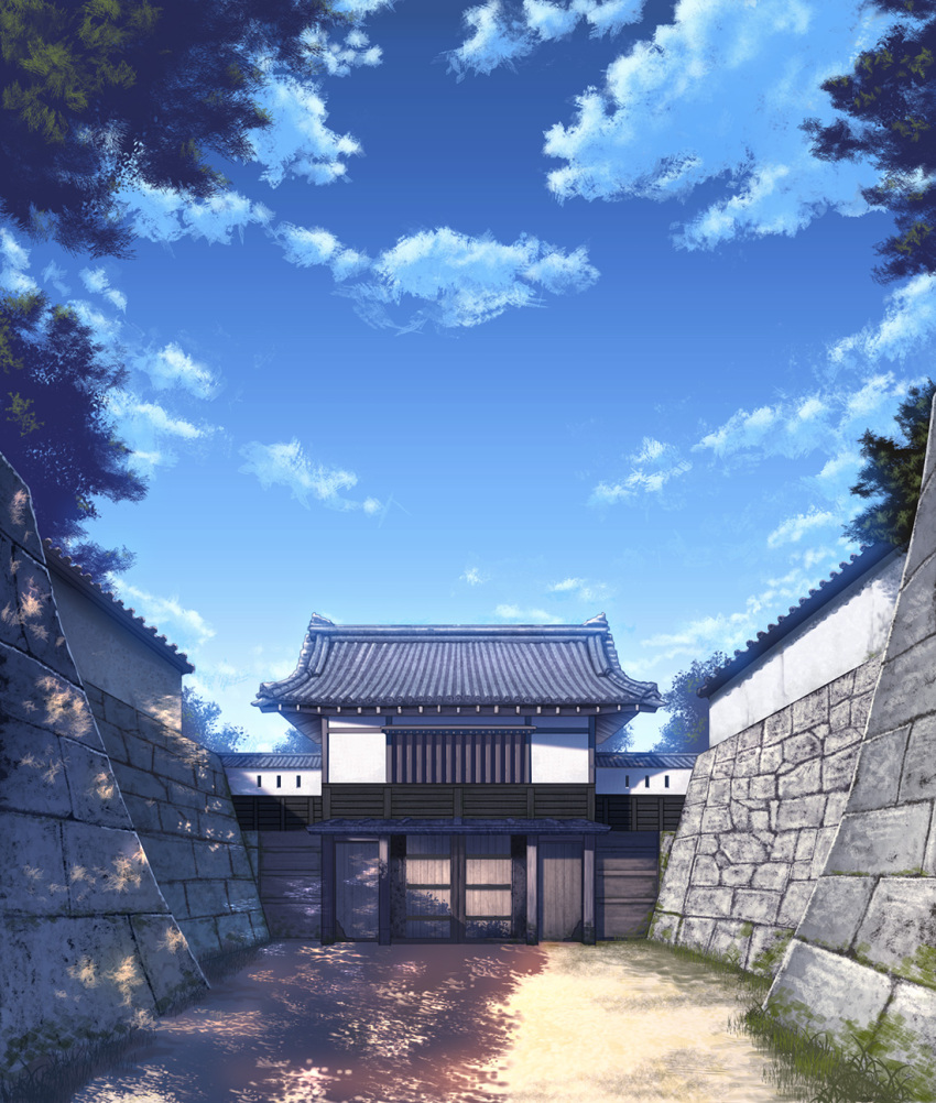 architecture blue_sky clouds day east_asian_architecture evening gate highres mikamin no_humans original outdoors scenery sky stone_wall tree tree_shade wall