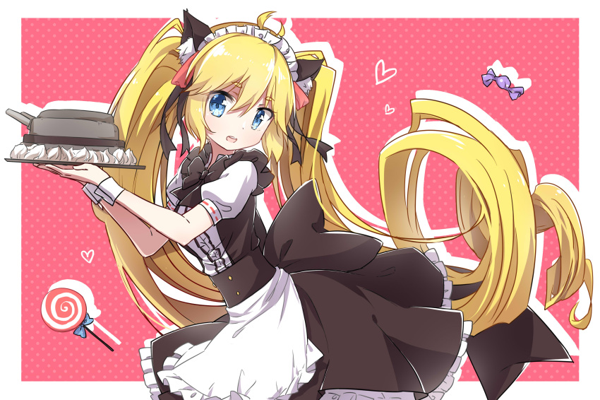 1girl :d absurdres alternate_costume andrea_doria_(zhan_jian_shao_nyu) animal_ears antenna_hair apron black_bow black_dress black_neckwear blonde_hair blue_bow blue_eyes bow bowtie cake candy cat_ears cream dress eyebrows_visible_through_hair fake_animal_ears food frilled_dress frills from_side hair_ornament heart highres holding holding_tray lizi lollipop long_hair looking_at_viewer looking_to_the_side maid_headdress open_mouth polka_dot polka_dot_background puffy_short_sleeves puffy_sleeves shiny shiny_hair short_sleeves smile solo tray twintails very_long_hair waist_apron weibo_username white_apron wrist_cuffs zhan_jian_shao_nyu