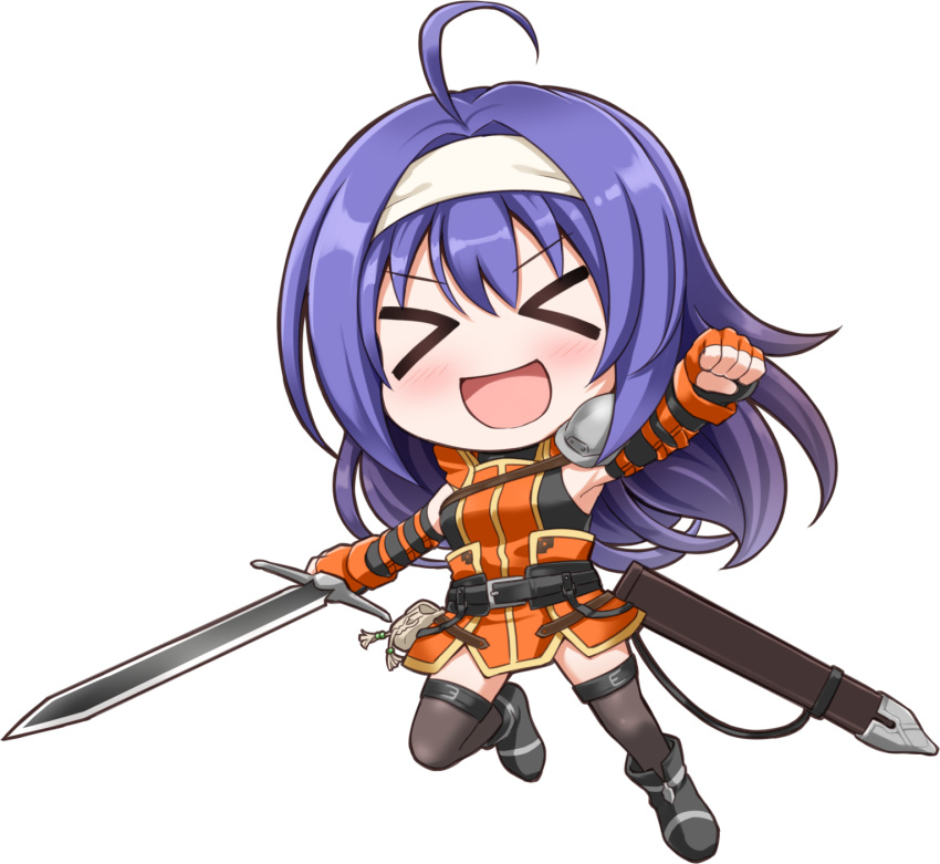 &gt;_&lt; 1girl ahoge bare_shoulders belt chibi detached_sleeves dress fingerless_gloves fire_emblem fire_emblem:_souen_no_kiseki fire_emblem_heroes gloves hairband highres long_hair purple_hair smile solo sword thigh-highs wayu_(fire_emblem) weapon