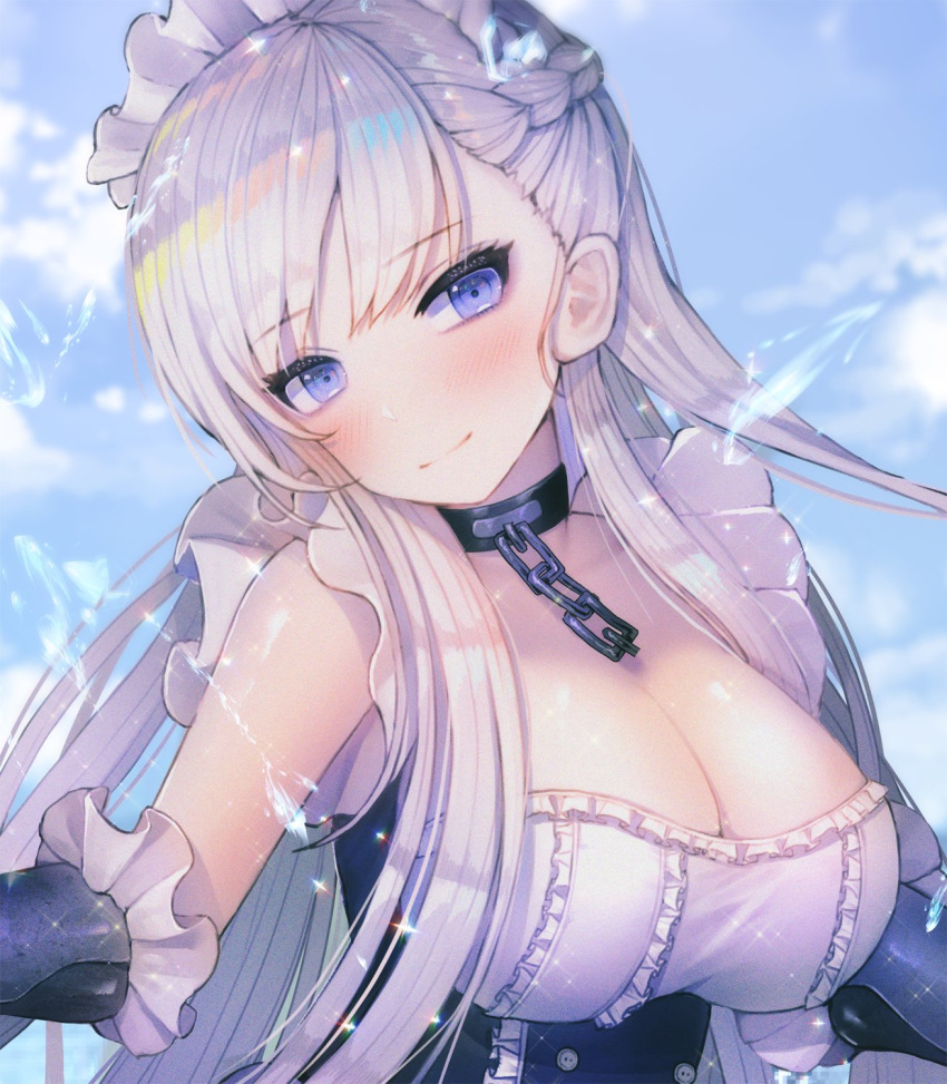 1girl apron azur_lane bangs belfast_(azur_lane) blue_eyes blue_sky blush braid breasts chains choker cleavage close-up closed_mouth clouds collarbone day dress dress_lift elbow_gloves eyebrows_visible_through_hair floating_hair french_braid frilled_gloves frilled_sleeves frills gauntlets gloves hanato_(seonoaiko) head_tilt highres large_breasts light_particles long_hair looking_at_viewer maid maid_headdress outdoors shiny shiny_skin sidelocks silver_hair sky smile solo sparkle splashing water water_drop white_gloves