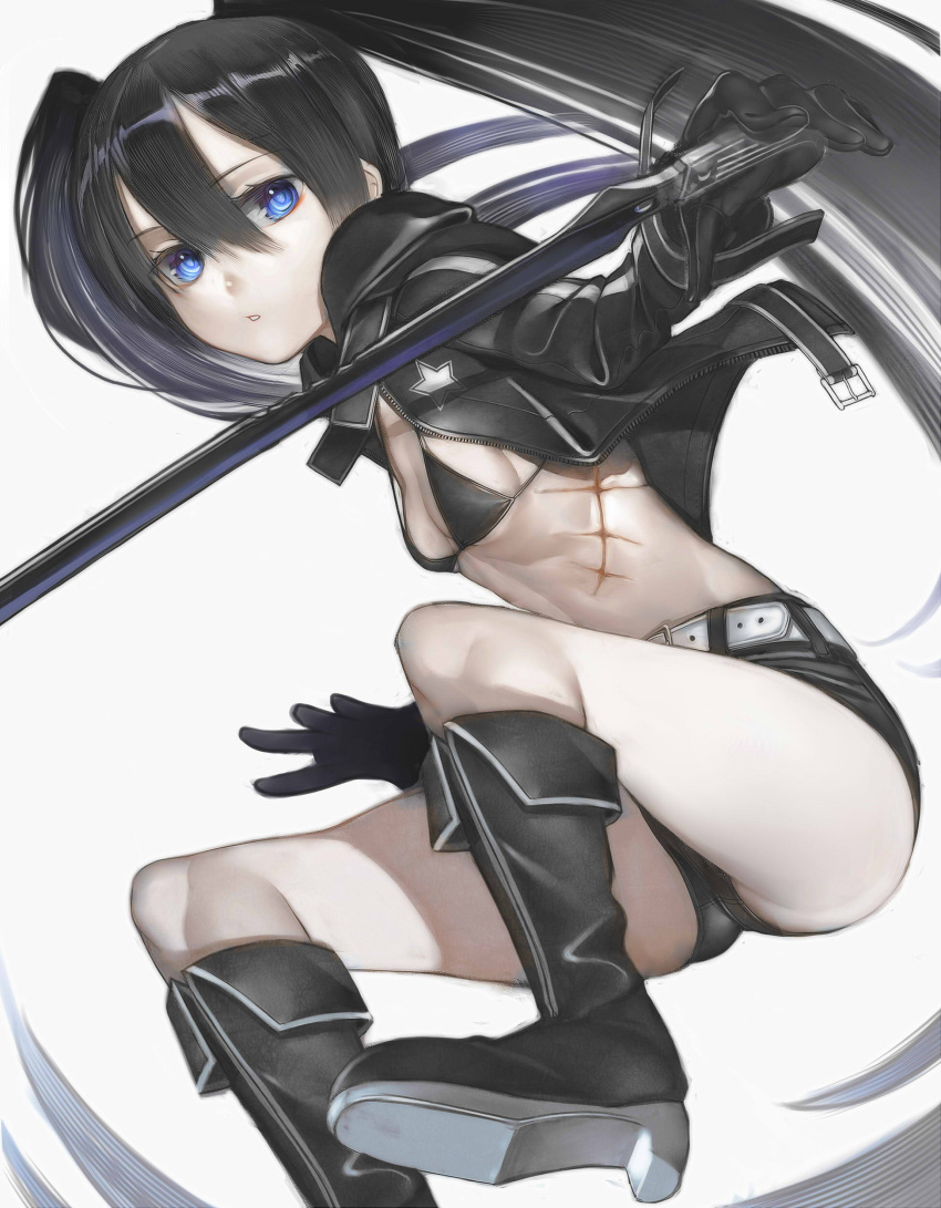 1girl absurdres belt black_bra black_footwear black_gloves black_hair black_jacket black_rock_shooter black_rock_shooter_(character) black_shorts blue_eyes boots bra breasts cleavage gloves grey_background hair_between_eyes highres holding holding_sword holding_weapon jacket knee_boots long_hair looking_at_viewer midriff nyatabe open_clothes open_jacket parted_lips scar short_shorts shorts sideboob simple_background small_breasts solo stomach sword twintails under_boob underwear unzipped very_long_hair weapon