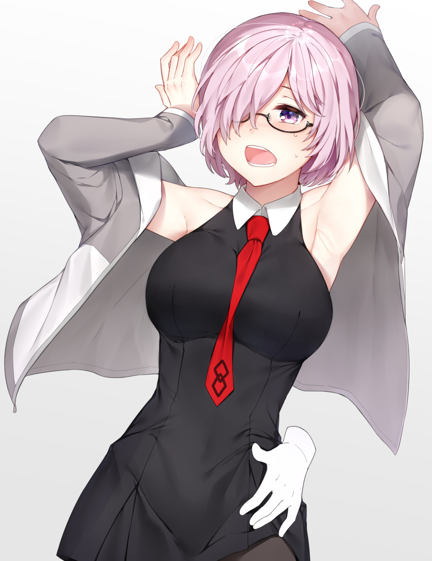 0ye 1girl absurdres black-framed_eyewear blush eyebrows_visible_through_hair fate/grand_order fate_(series) glasses hair_over_one_eye highres looking_at_viewer mash_kyrielight necktie open_mouth pantyhose pink_hair red_neckwear violet_eyes