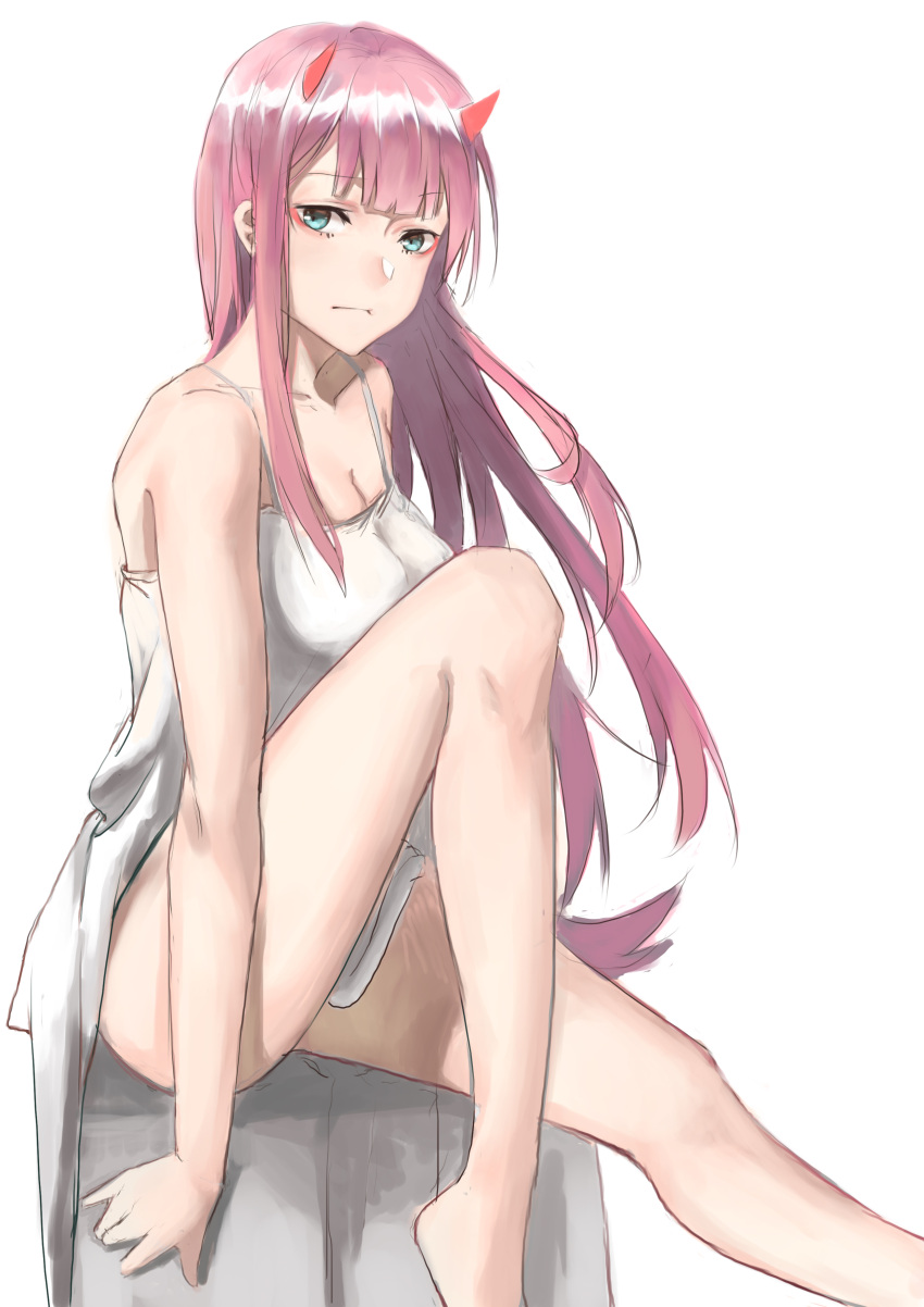 1girl absurdres aqua_eyes bangs bare_legs bare_shoulders darling_in_the_franxx dress eyebrows_visible_through_hair highres horns liudaohai6001 long_hair pink_hair revision sitting solo sundress zero_two_(darling_in_the_franxx)