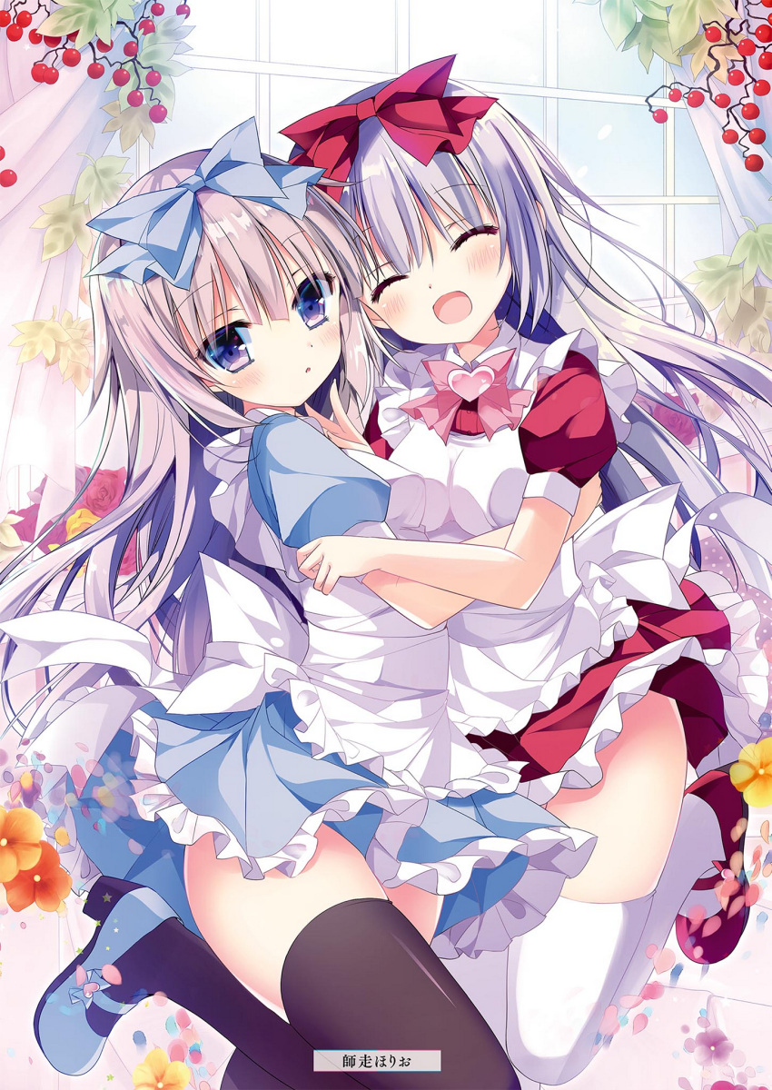 2girls airi_(alice_or_alice) alice_or_alice apron artist_name black_legwear blue_bow blue_footwear blue_shirt blue_skirt blush bow bowtie closed_eyes floating_hair frilled_skirt frills hair_bow heart highres hug long_hair looking_at_viewer mary_janes miniskirt multiple_girls one_leg_raised open_mouth pink_bow pink_neckwear red_bow red_footwear red_shirt red_skirt rise_(alice_or_alice) shirt shiwasu_horio shoes short_sleeves silver_hair skirt smile standing standing_on_one_leg thigh-highs very_long_hair violet_eyes white_apron white_legwear