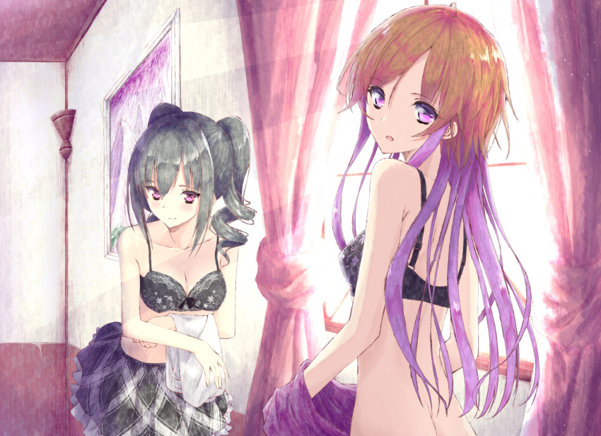 aramachi blush bra breasts cleavage collarbone drill_hair eyebrows_visible_through_hair grey_hair hair_between_eyes highres idolmaster idolmaster_cinderella_girls indoors kanzaki_ranko long_hair looking_at_viewer looking_back medium_breasts multicolored_hair ninomiya_asuka off_shoulder open_clothes open_mouth open_shirt orange_hair panties red_eyes shirt_lift sidelocks small_breasts twin_drills twintails two-tone_hair underwear undressing violet_eyes window