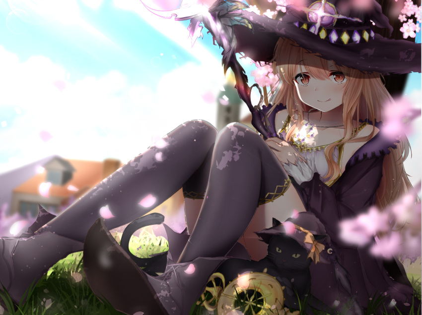 1girl :q against_tree bangs black_cat black_dress black_footwear black_hat black_legwear blue_sky blurry blurry_background blurry_foreground blush brown_hair cat cherry_blossoms clouds collarbone dappled_sunlight day depth_of_field dorothy_(shingeki_no_bahamut) dress eyebrows_visible_through_hair eyes_visible_through_hair falling_petals gem grass hair_between_eyes hat hat_ribbon highres holding holding_staff house jewelry karu_(qqqtyann) knees_up laces long_hair long_sleeves looking_at_viewer necklace orange_ribbon petals pointy_shoes red_eyes ribbon shadowverse shoes sidelocks sitting sky smile staff sunlight thigh-highs tongue tongue_out tree tree_shade window witch witch_hat yellow_sclera