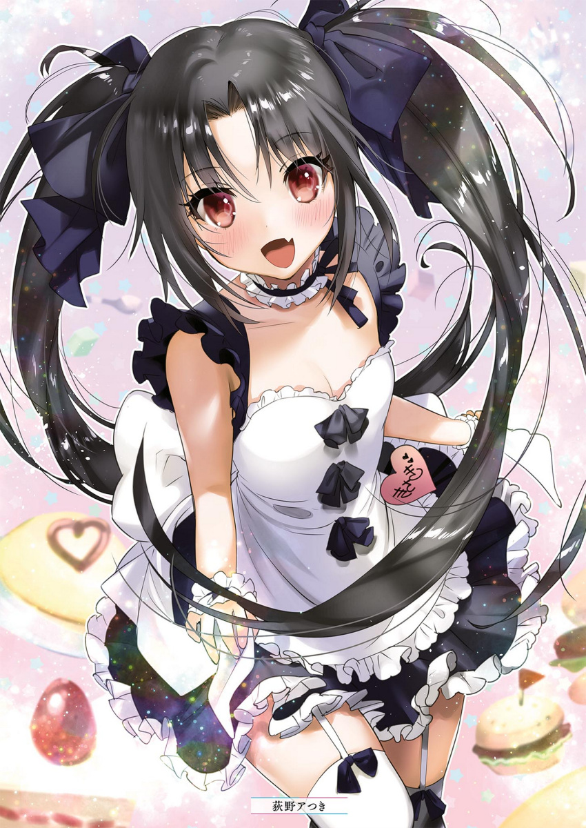 1girl :d alice_or_alice apron black_bow black_hair black_ribbon black_skirt blush bow breasts choker cleavage collarbone cowboy_shot eyes floating_hair food frilled_apron frilled_skirt frills garter_straps hair_between_eyes hair_bow heart highres kisaki_(alice_or_alice) long_hair miniskirt ogino_atsuki open_mouth red_eyes ribbon ribbon-trimmed_thighhighs skirt sleeveless small_breasts smile solo standing thigh-highs twintails very_long_hair white_apron white_legwear wrist_cuffs zettai_ryouiki