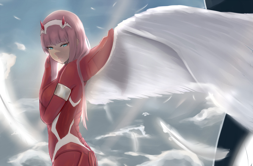 1girl aqua_eyes awu bodysuit darling_in_the_franxx eyebrows_visible_through_hair feathers hairband horns long_hair pink_hair red_bodysuit single_wing sky solo white_hairband wings zero_two_(darling_in_the_franxx)