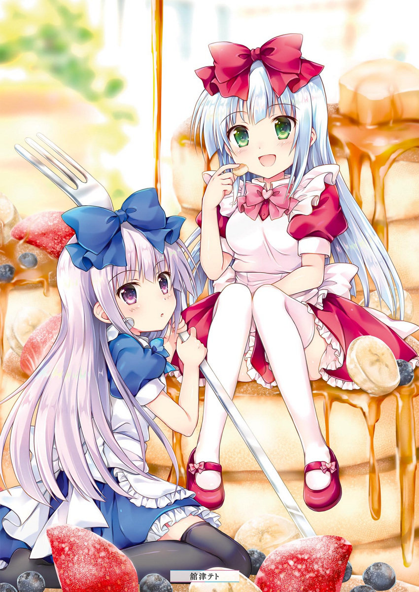 2girls :d airi_(alice_or_alice) alice_or_alice apron artist_name back_bow black_legwear blue_bow blue_shirt blue_skirt bow bowtie eyebrows_visible_through_hair floating_hair food fork frilled_skirt frills green_eyes hair_bow head_tilt highres holding holding_food holding_fork long_hair looking_at_viewer mary_janes multiple_girls open_mouth pancake parted_lips pink_bow red_bow red_footwear red_shirt red_skirt rise_(alice_or_alice) shirt shoes silver_hair sitting skirt smile tachitsu_teto thigh-highs very_long_hair violet_eyes white_apron white_bow white_legwear