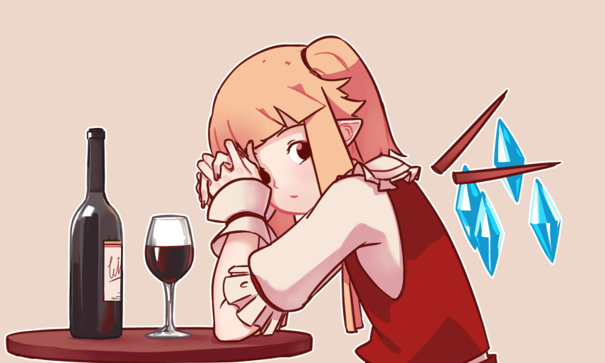 1girl alcohol blonde_hair bottle brown_eyes cup drinking_glass flandre_scarlet highres looking_at_viewer pointy_ears short_hair short_ponytail side_ponytail sitting solo table touhou wine wine_bottle wine_glass yoruny