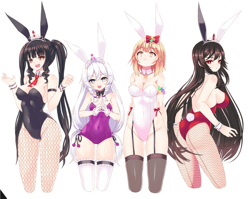 4girls absurdres ahoge animal_ears ass bangs bare_shoulders black_hair black_legwear black_leotard black_ribbon blonde_hair blue_eyes bow breasts brown_eyes bunny_tail bunnysuit choker collarbone detached_collar fake_animal_ears fake_tail fishnet_legwear fishnet_pantyhose fishnets garter_straps gloves hair_bow haru_estia highres iris_yuma korean_commentary large_breasts leotard lily_bloomerchen lingerie long_hair medium_breasts multiple_girls necktie pantyhose pink_leotard purple_leotard rabbit_ears reason_(ficafe) red_eyes red_legwear red_neckwear ribbon ribbon_choker shiny shiny_skin short_hair sidelocks silver_hair simple_background small_breasts soul_worker stella_unibell strapless strapless_leotard tail thigh-highs tiara tied_hair twintails underwear very_long_hair white_background white_gloves white_legwear wrist_cuffs yellow_eyes