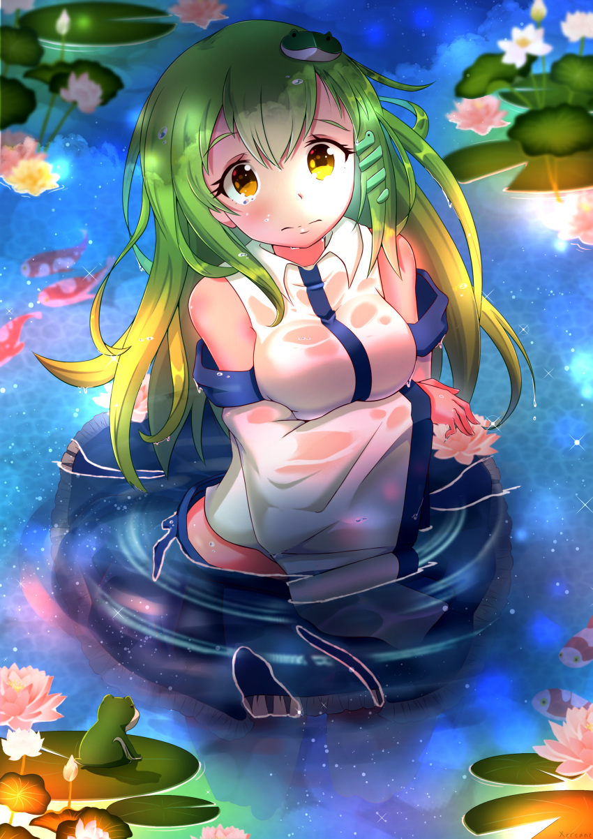 1girl absurdres animal blue_skirt blurry blurry_background breast_hold breasts closed_mouth commentary english_commentary fish flower frog frog_hair_ornament green_hair hair_ornament highres kochiya_sanae large_breasts lily_pad long_hair looking_at_viewer midriff outdoors skirt snake_hair_ornament solo sparkle standing tears touhou wading water wet wet_clothes wet_hair white_flower wing_collar xereane yellow_eyes