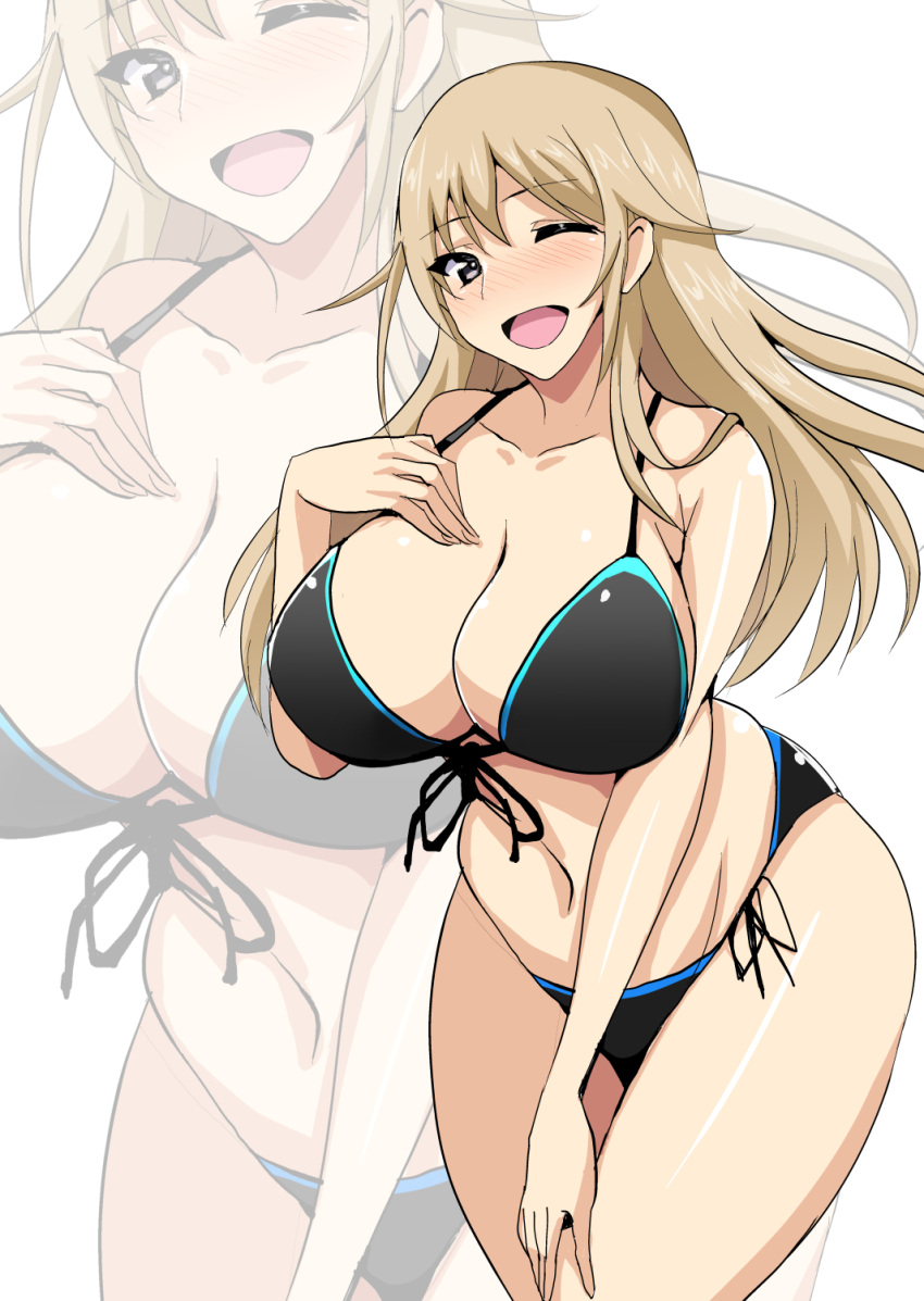 1girl ;d bangs bare_arms bare_shoulders bikini black_bikini black_ribbon blush breasts cleavage collarbone copyright_request cowboy_shot eyebrows_visible_through_hair front-tie_bikini front-tie_top girls_und_panzer hand_on_own_chest highres koujun_(mugenzero) large_breasts leaning_forward long_hair navel nose_blush one_eye_closed open_mouth ribbon shiny shiny_hair shiny_skin side-tie_bikini simple_background smile solo standing stomach swimsuit thighs very_long_hair white_background