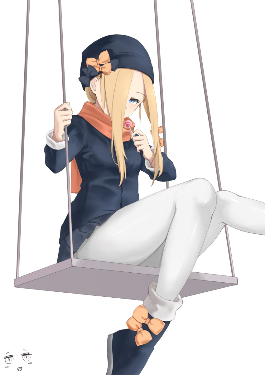 1girl abigail_williams_(fate/grand_order) beanie black_bow black_footwear black_hat black_jacket black_skirt blonde_hair blue_eyes boots bow candy commentary_request covered_mouth fate/grand_order fate_(series) food hair_bow hair_over_one_eye hat hat_bow highres holding holding_lollipop jacket jilu lollipop long_hair looking_at_viewer orange_bow orange_scarf pantyhose pleated_skirt scarf sidelocks sitting skirt solo swing white_background white_legwear