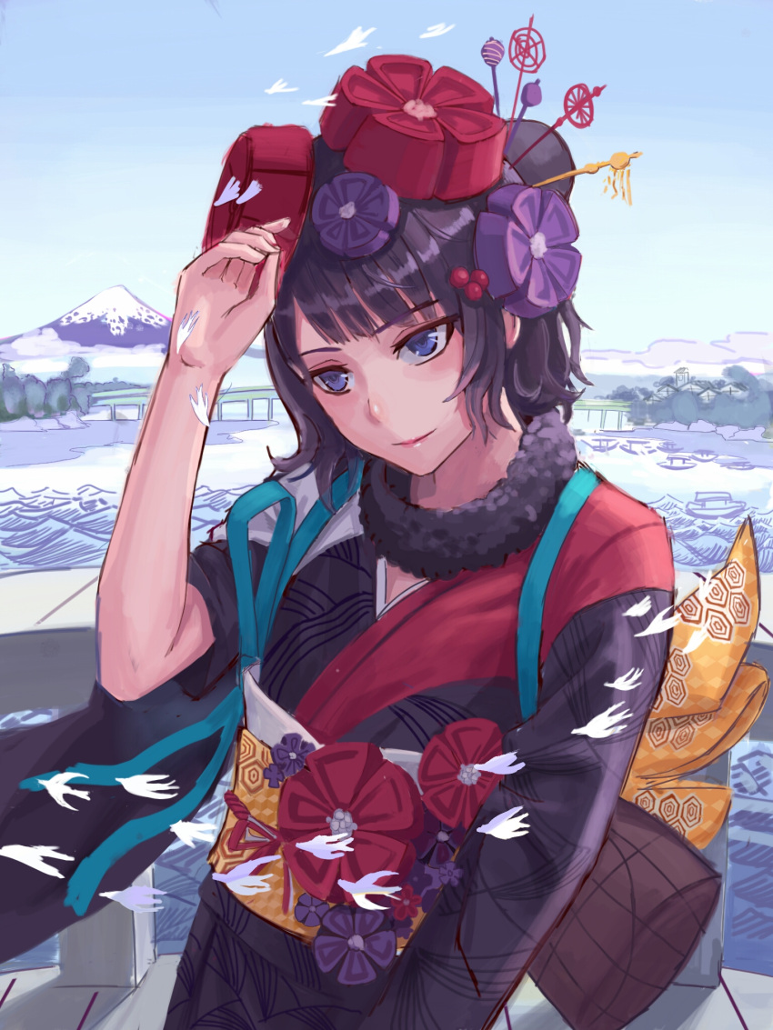 1girl black_hair blue_eyes blue_sky boat fate/grand_order fate_(series) hair_ornament highres japanese_clothes kafkasea katsushika_hokusai_(fate/grand_order) kimono mountain obi sash sky tree watercraft waves