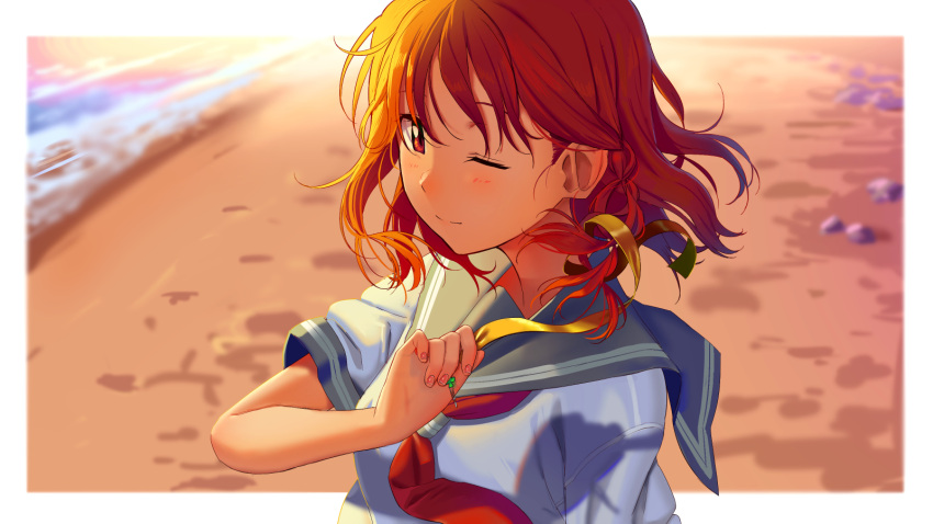 1girl bangs beach blue_sailor_collar blurry blurry_background blush brown_eyes brown_hair closed_mouth commentary_request fingernails hand_up highres holding looking_at_viewer love_live! love_live!_sunshine!! neckerchief one_eye_closed outdoors poligon_(046) red_neckwear sailor_collar sand school_uniform serafuku shirt short_hair short_sleeves smile solo takami_chika upper_body white_shirt