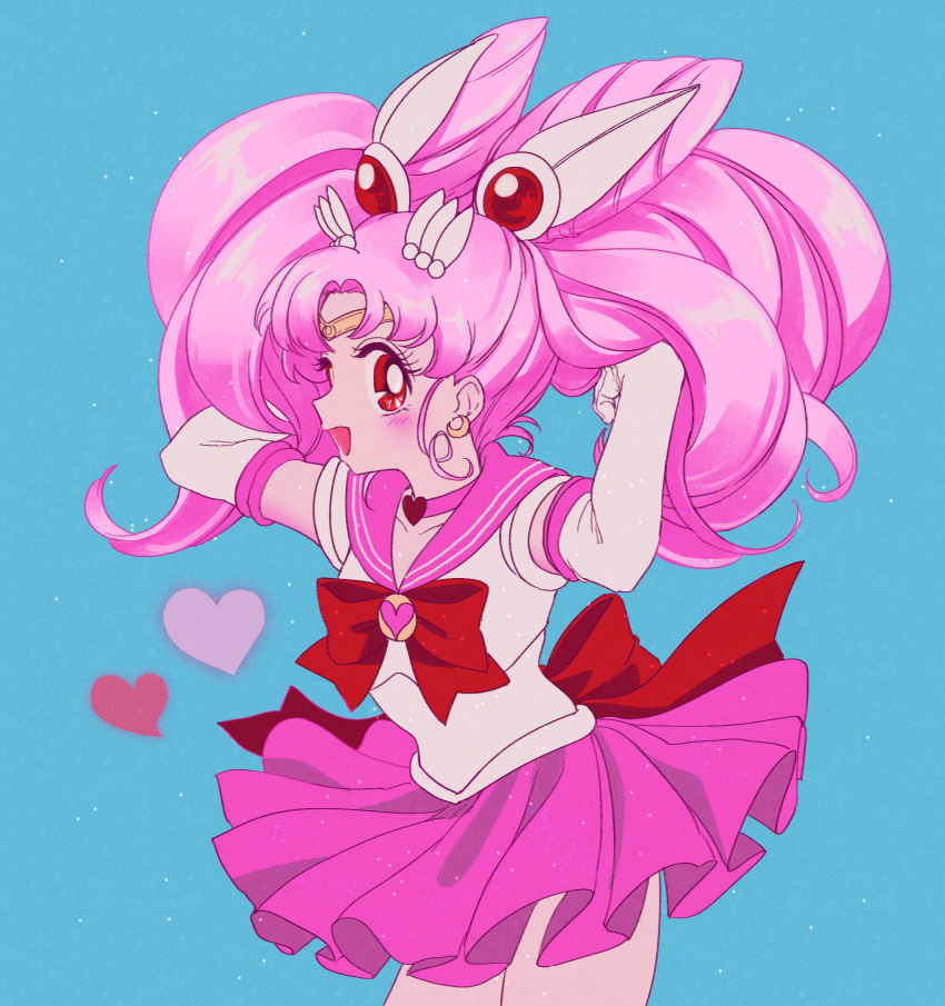 1girl :d back_bow bishoujo_senshi_sailor_moon blue_background blush bow chibi_usa choker circlet cowboy_shot crescent crescent_earrings double_bun earrings hair_ornament hair_tousle hairpin heart heart_choker highres jewelry kisumi_rei long_hair looking_at_viewer open_mouth pink_hair pink_neckwear pink_sailor_collar pink_skirt pleated_skirt red_bow red_eyes sailor_chibi_moon sailor_collar simple_background skirt smile solo twintails