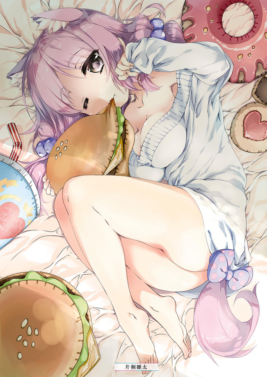 1girl alice_or_alice animal_ears barefoot bed_sheet breasts cleavage collarbone fetal_position fox_ears fox_tail from_above full_body grey_eyes hair_bobbles hair_ornament highres katagiri_hinata long_hair looking_at_viewer lying medium_breasts naked_sweater on_side one_eye_closed pink_hair ruha_(alice_or_alice) solo sweater tail white_sweater
