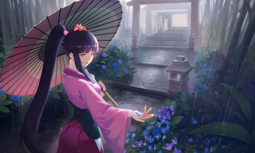 1girl backlighting bangs blunt_bangs breasts commentary_request flower from_behind hakama highres hip_vent japanese_clothes koutetsujou_no_kabaneri long_hair looking_at_viewer looking_back nfb-zmc oriental_umbrella outstretched_hand petals pink_eyes ponytail purple_hair rain sidelocks solo torii umbrella very_long_hair wide_sleeves yomogawa_ayame