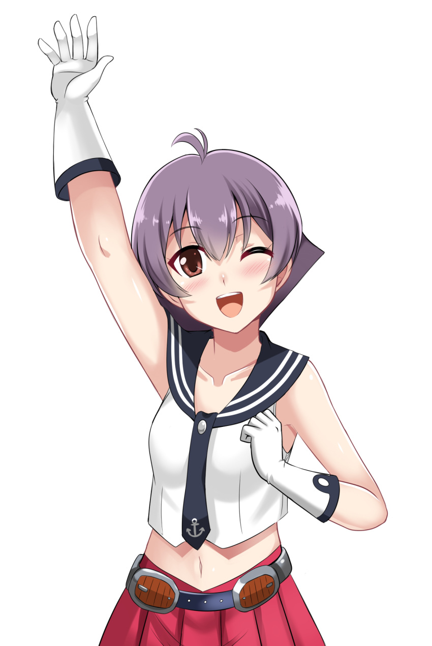 1girl ;d antenna_hair bangs brown_eyes collarbone gloves grey_hair highres kantai_collection looking_at_viewer navel one_eye_closed open_mouth pleated_skirt sakawa_(kantai_collection) school_uniform serafuku short_hair simple_background skirt smile solo the-sinner waving white_background white_gloves