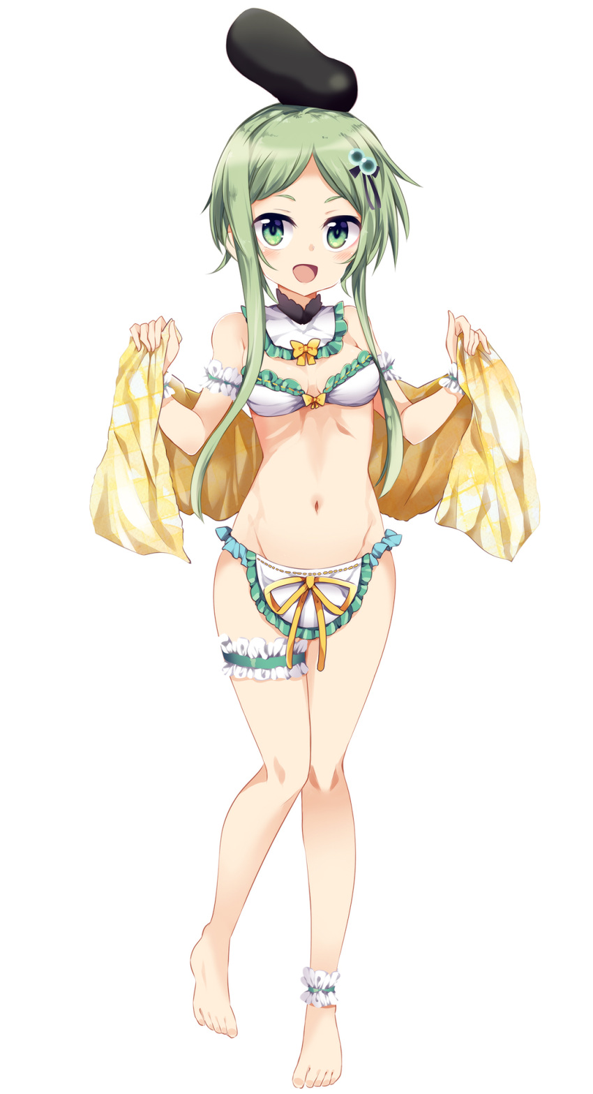 1girl adapted_costume arm_garter bandeau bare_arms bare_legs bare_shoulders blush bow breasts commentary detached_collar frilled_shirt_collar frills full_body green_eyes green_hair groin hair_bobbles hair_ornament hat highres holding leg_garter looking_at_viewer maturiuta_sorato midriff navel open_mouth ribbon shawl short_hair short_hair_with_long_locks simple_background small_breasts smile solo standing teireida_mai touhou white_background wrist_cuffs yellow_bow yellow_ribbon