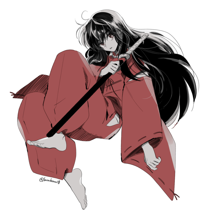 1boy black_hair buruburu18 full_body highres holding holding_sheath inuyasha inuyasha_(character) japanese_clothes katana long_hair male_focus sheath solo sword very_long_hair weapon