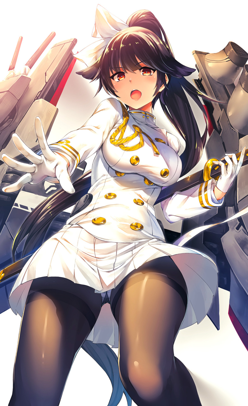 1girl aiguillette akanagi_youto azur_lane bangs black_hair black_legwear blush bow buttons eyebrows_visible_through_hair gloves hair_bow hair_flaps hair_ribbon highres holding holding_sword holding_weapon jacket katana long_hair looking_at_viewer machinery military military_uniform naval_uniform open_mouth orange_eyes outstretched_hand pantyhose pleated_skirt ponytail ribbon sidelocks simple_background skirt solo sword takao_(azur_lane) turret uniform weapon white_background white_gloves white_jacket white_skirt