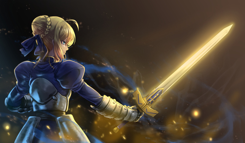 1girl ahoge armor armored_dress artoria_pendragon_(all) bangs black_background blonde_hair blue_dress blue_eyes blue_ribbon braid breastplate closed_mouth dress excalibur expressionless eyebrows_visible_through_hair fate/stay_night fate_(series) faulds french_braid from_behind gauntlets glowing glowing_sword glowing_weapon hair_bun hair_ribbon highres holding holding_sword holding_weapon juliet_sleeves long_sleeves looking_away looking_to_the_side outstretched_arm profile puffy_sleeves re_(re_09) ribbon saber shiny shiny_hair short_hair sidelocks solo standing sword weapon