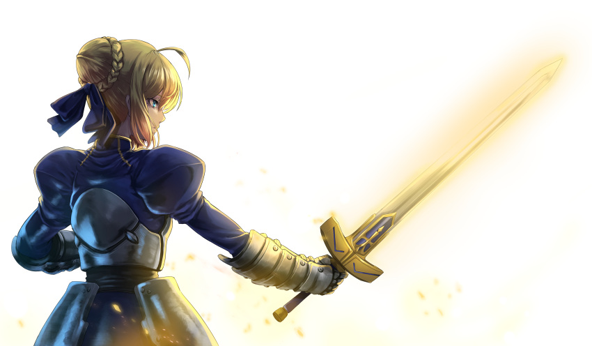 1girl absurdres ahoge armor armored_dress artoria_pendragon_(all) bangs blonde_hair blue_dress blue_eyes blue_ribbon braid breastplate closed_mouth commentary_request dress excalibur expressionless eyebrows_visible_through_hair fate/stay_night fate_(series) faulds french_braid from_behind gauntlets glowing glowing_sword glowing_weapon hair_bun hair_ribbon highres holding holding_sword holding_weapon juliet_sleeves long_sleeves looking_away looking_to_the_side outstretched_arm profile puffy_sleeves re_(re_09) ribbon saber shiny shiny_hair short_hair sidelocks simple_background solo standing sword weapon white_background