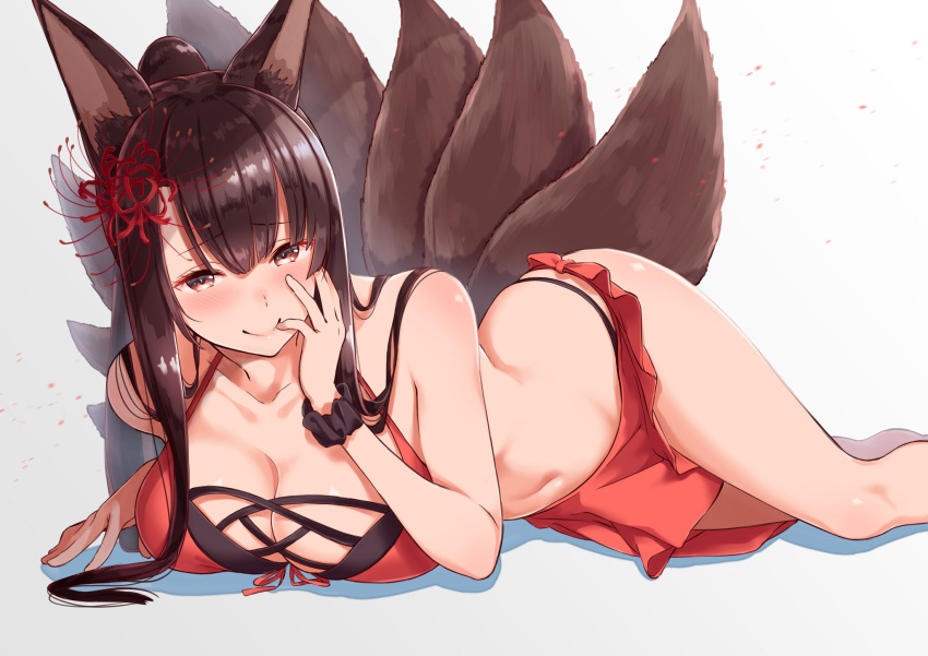 1girl akagi_(azur_lane) animal_ears azur_lane bangs bikini blunt_bangs blush breasts brown_eyes brown_hair cleavage collarbone flower fox_ears fox_tail hair_flower hair_ornament highres izure_(pixiv16392012) large_breasts long_hair looking_at_viewer lying multiple_tails navel red_bikini sarong scrunchie smile solo swimsuit tail wrist_scrunchie