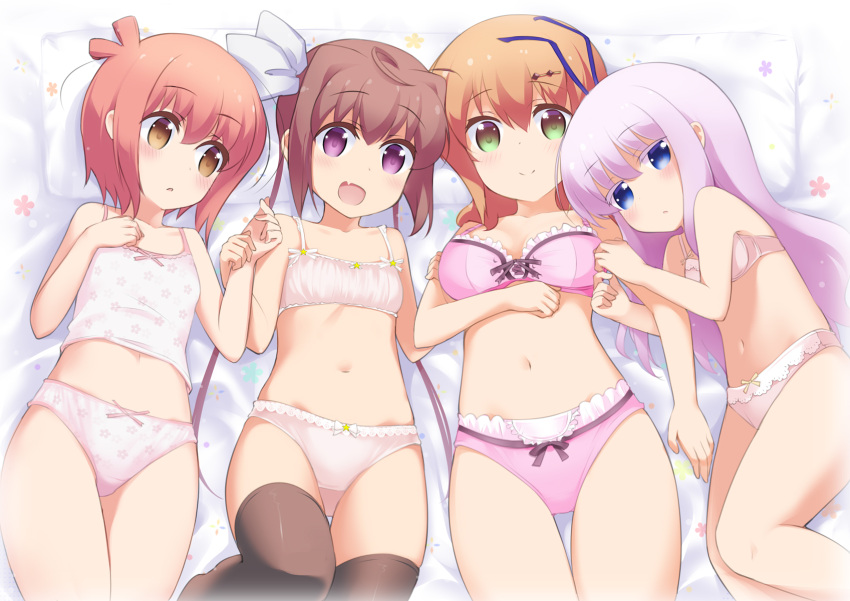 4girls :d :o arm_hug bangs bare_arms bare_shoulders bed_sheet black_legwear blue_eyes blue_ribbon blush bow bow_bra bow_panties bra breasts brown_eyes brown_hair camisole closed_mouth collarbone colored_eyelashes commentary_request eyebrows_visible_through_hair fang floral_print green_eyes hair_between_eyes hair_bow hair_ornament hair_ribbon hairclip highres ichinose_hana light_brown_hair long_hair lying medium_breasts mocchi momochi_tamate multiple_girls navel on_back on_side one_side_up open_mouth panties parted_lips pillow pink_bra pink_panties print_camisole purple_hair ribbon sengoku_kamuri slow_start small_breasts smile thigh-highs tokura_eiko twintails underwear underwear_only very_long_hair violet_eyes white_bow white_bra white_camisole white_panties