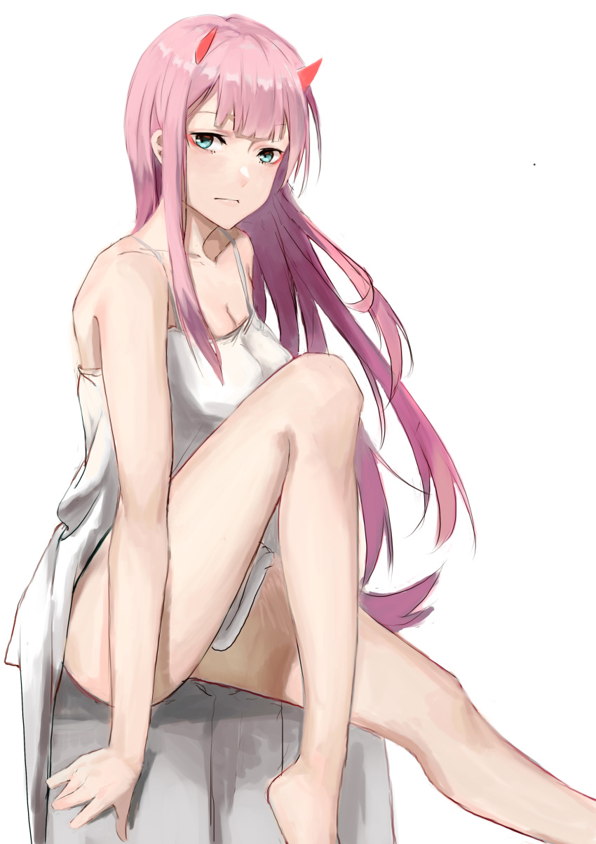 1girl absurdres aqua_eyes bangs bare_legs bare_shoulders darling_in_the_franxx dress eyebrows_visible_through_hair highres horns liudaohai6001 long_hair pink_hair revision sitting solo sundress zero_two_(darling_in_the_franxx)