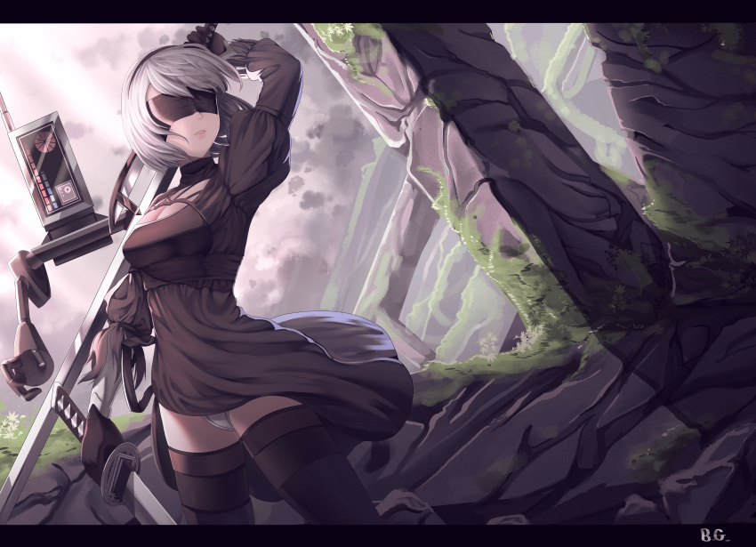 1girl absurdres black_dress black_hairband blindfold boots cleavage_cutout covered_eyes dress dual_wielding facing_viewer feather-trimmed_sleeves hairband high_heel_boots high_heels highleg highleg_leotard highres holding holding_sword holding_weapon juliet_sleeves leotard long_sleeves nier_(series) nier_automata pink_lips pod_(nier_automata) puffy_sleeves scenery silver_hair sword sword_behind_back thigh-highs thigh_boots thighhighs_under_boots vambraces weapon white_leotard wnehdrl yorha_no._2_type_b