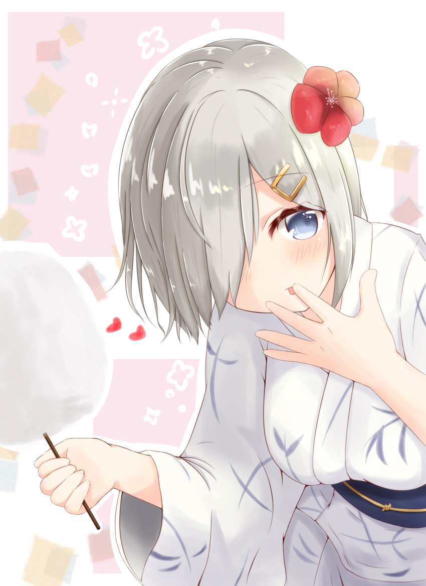 1girl bangs blue_eyes blush breasts closed_mouth commentary_request cotton_candy eyebrows_visible_through_hair flower food hair_flower hair_ornament hair_over_one_eye hairclip hamakaze_(kantai_collection) heart highres holding holding_food japanese_clothes kantai_collection kimono large_breasts leaning_forward long_sleeves looking_at_viewer obi red_flower ridy_(ri_sui) sash short_hair silver_hair solo tongue tongue_out white_kimono wide_sleeves